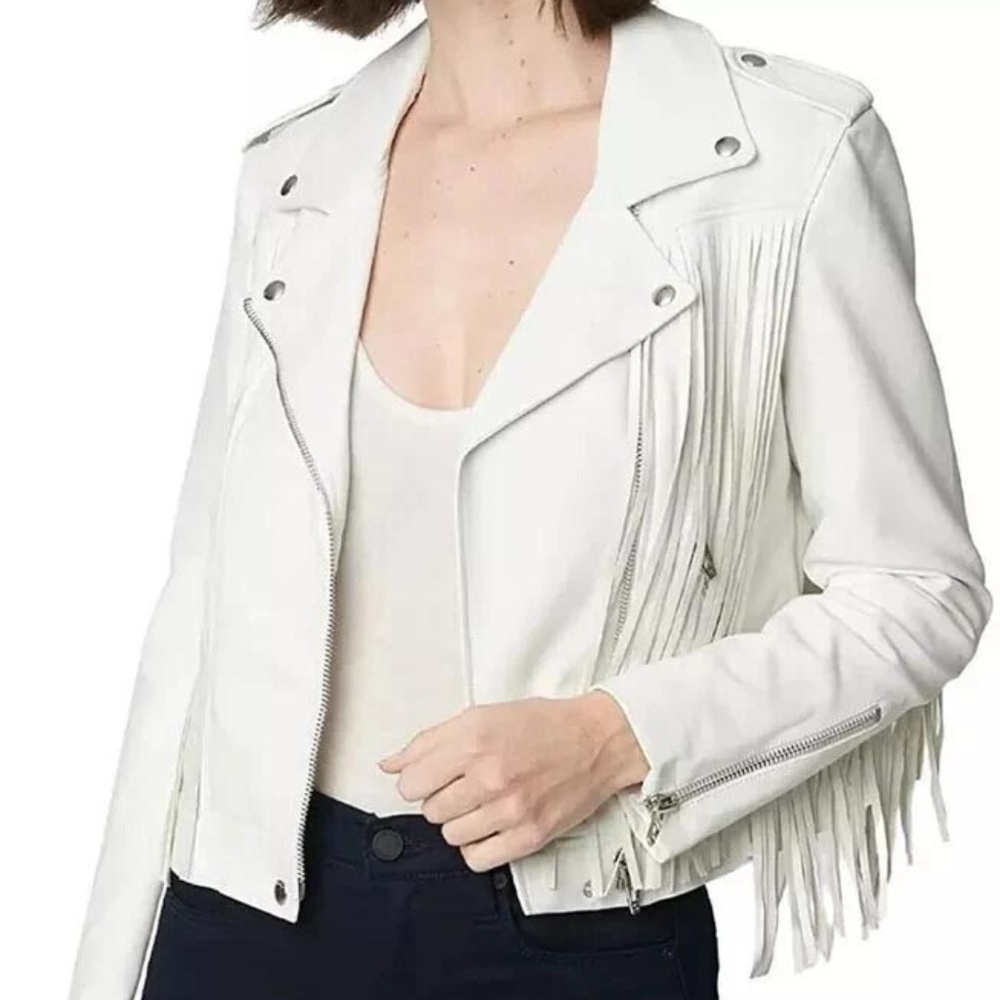 BlankNYC Women's White Soft Leather Fringe Western Style Jacket Size Small